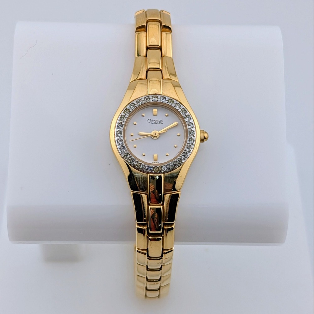 Caravelle by Bulova 45L02 Y2K Gold Tone Crystal Bezel Women's Watch 21mm 7.5"
